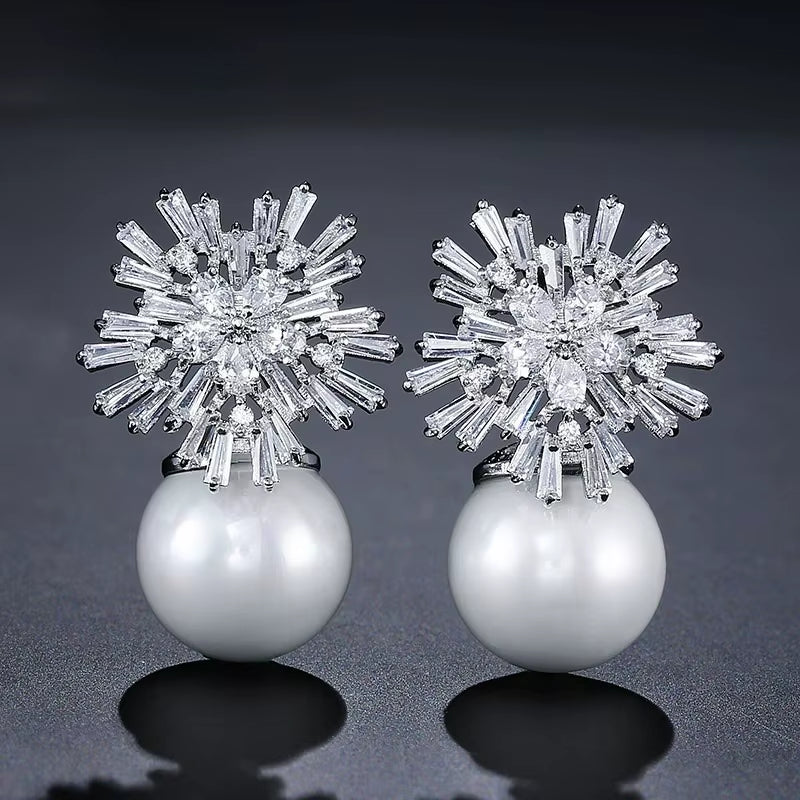 European and American Creative Personality Snowflake Female Earrings Fashion Simple Light Luxury Bridal Pearl round Earrings