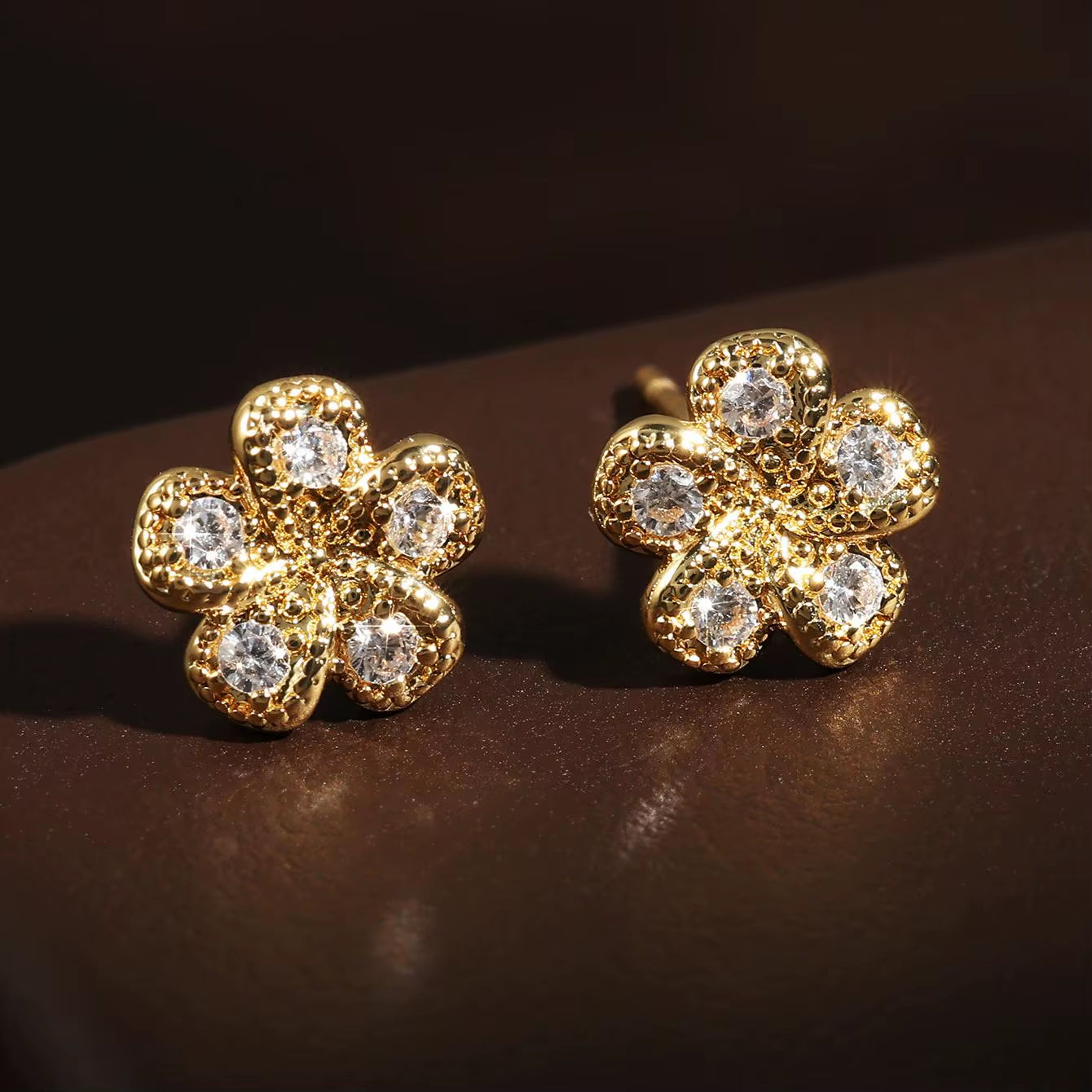 14K Gold Color Full Inlay Zircon Hollow Flower Snowflake Petal Earrings Women Jewelry Accessories