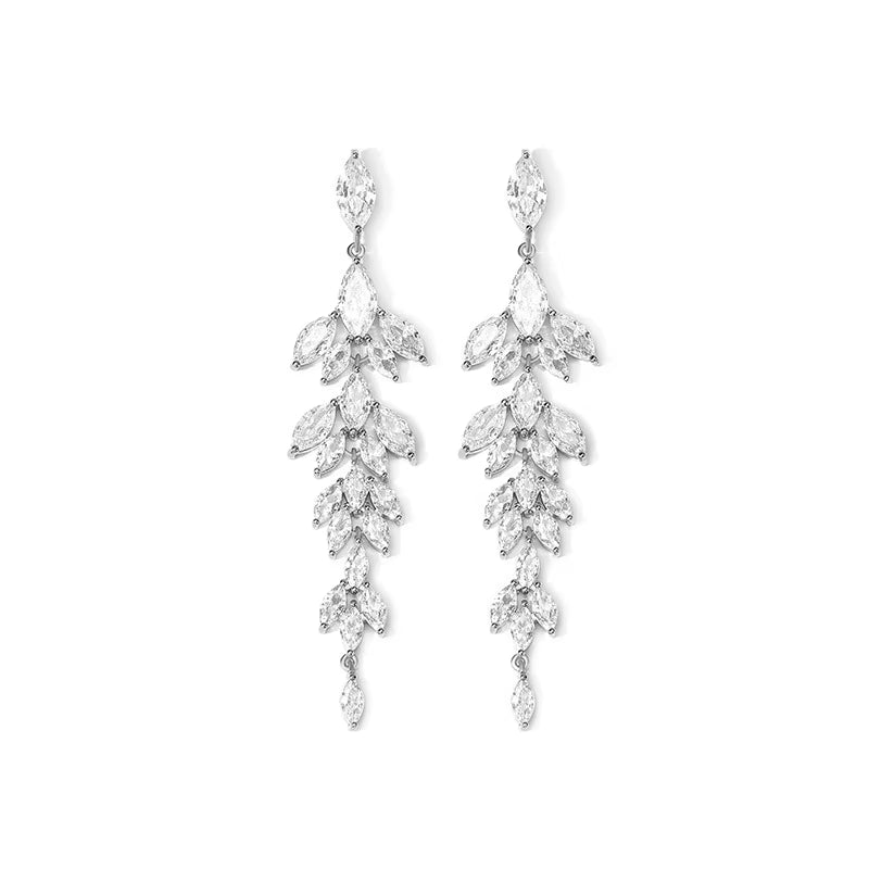 Luxury Long Leaf Tassel Earrings for Women Delicate Shiny Copper Zircon Earrings Wedding Banquet Accessories