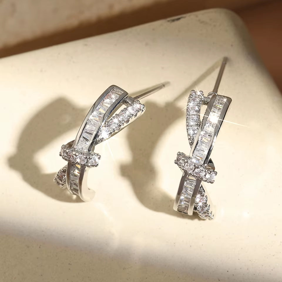 French Luxury Full Zircon Earrings Female Cross Twist Rows High Quality Fashion Earrings