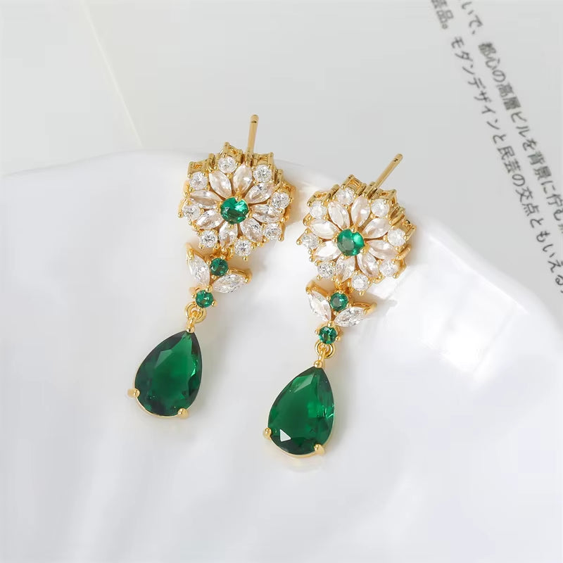 Elegant Sterling Silver CZ Emerald Wedding Party Prom Earrings for Bride