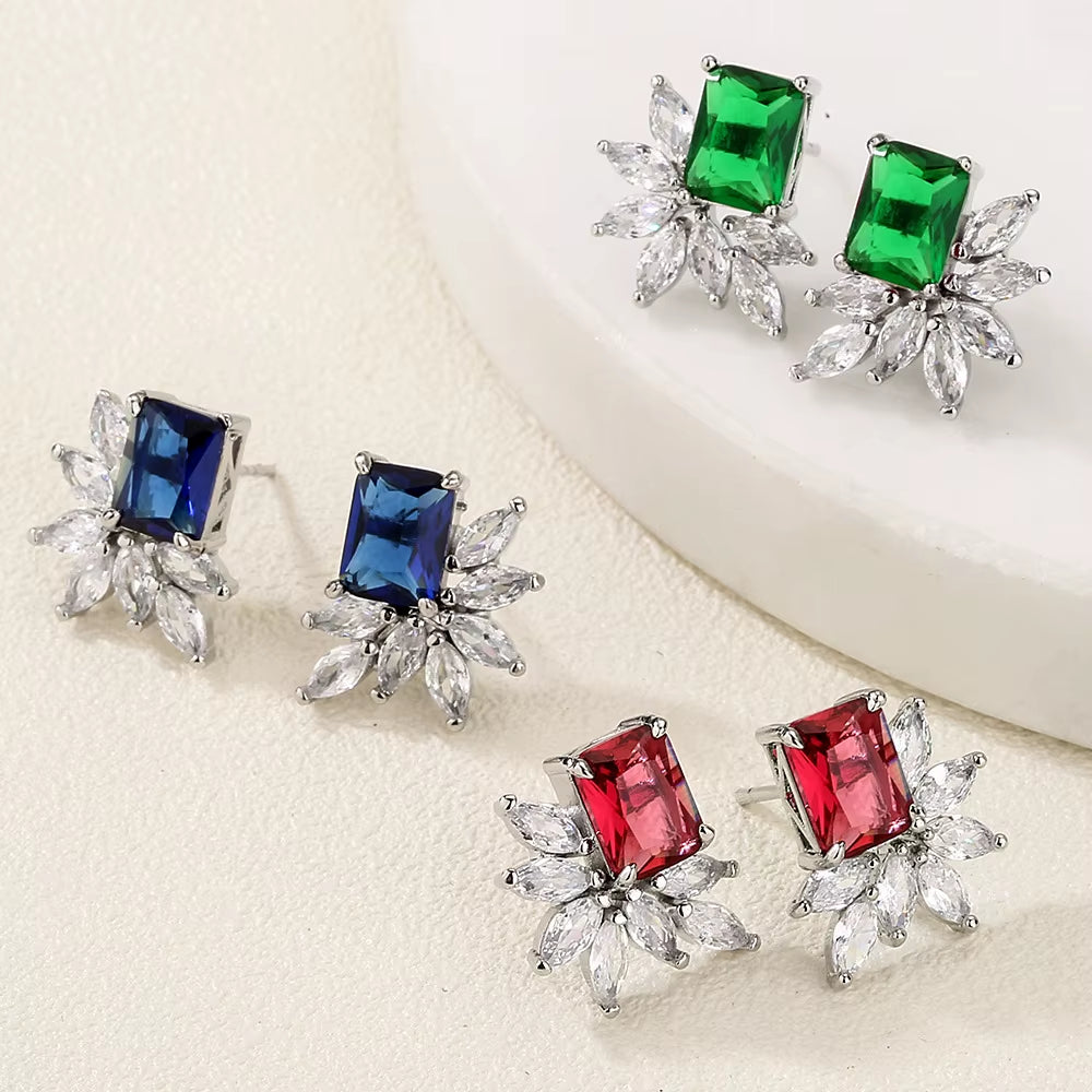 New Colored Diamond Earrings Female Luxury Emerald Blue Zircon Earrings Retro Court Style