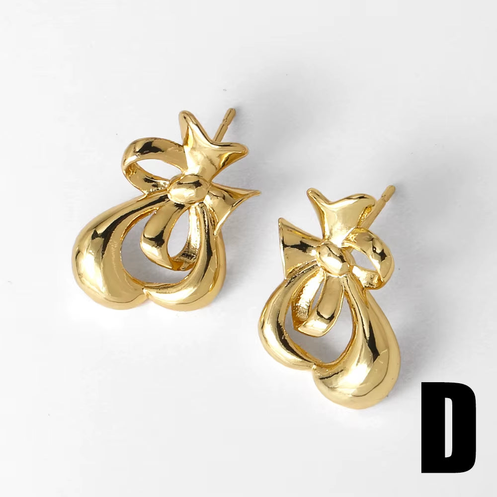 Hot Hip Hop Bow Earrings Copper Plated Gold Inset Zircon Women Daily Gentle Stud Earrings