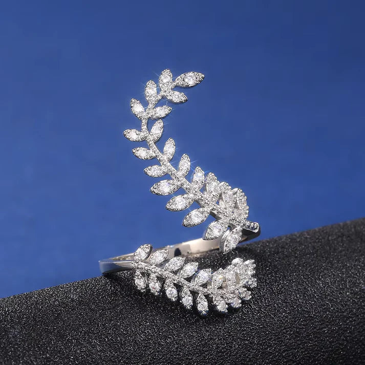 Special Design Bridal Ring – Creative Plant Leaf Long CZ Zirconia Ring for Brides and Women