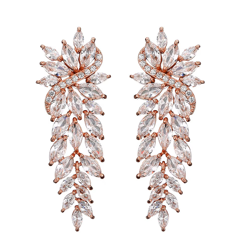 Luxury Full of Zircon Flower Earrings Female European and American Bridal Dinner Wedding Dress Earrings