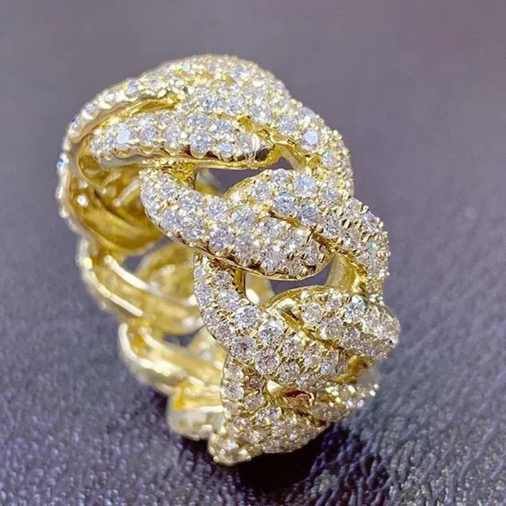 Gold-Plated Braided Zircon Ring - Hip-Hop Crystal Chain Design