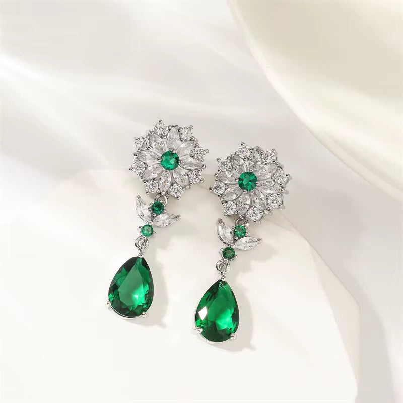 Elegant Sterling Silver CZ Emerald Wedding Party Prom Earrings for Bride