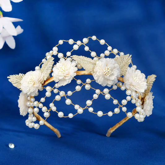 Handmade Fabric Flower Beaded Pearl Bridal Crown Hair Hoop for Girls Wedding Headwear Mesh Hairband