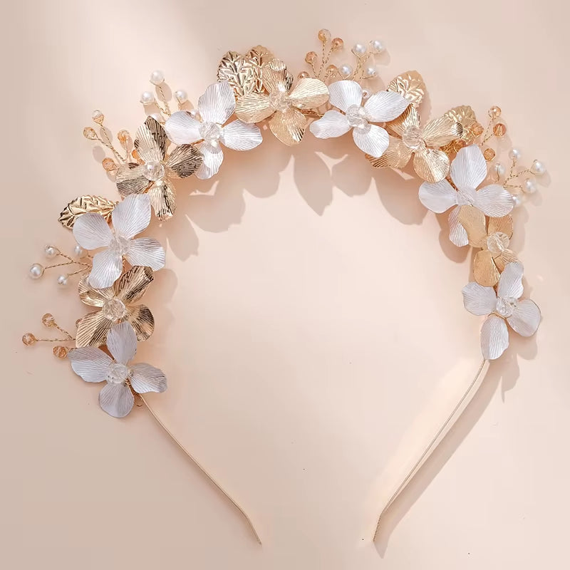 Metal Flower Luxury Gold Hairband Floral Bridal Pearl Tiara Hair Jewelry Crown Wedding