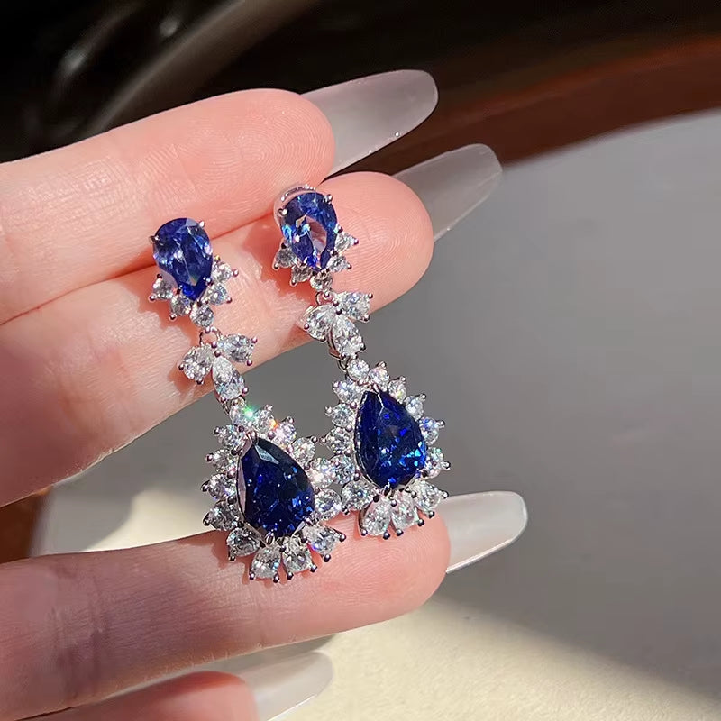 Water Drop-Shaped New Full Diamond Drop Earrings Blue Bride Luxury Zircon Earrings