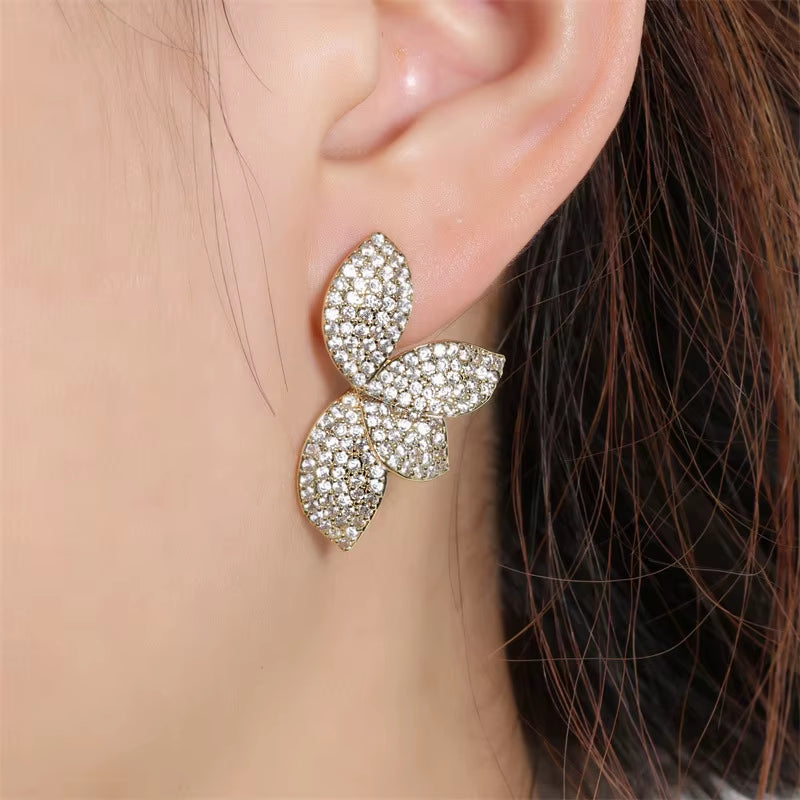 Delicate Flower Leaf Cubic Zirconia Crystal Statement Stud Earrings for Women Girls Dainty