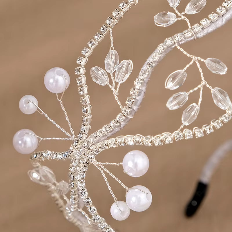 Handmade Crystal Beaded Squiggle Bridal Mesh Headband Crown