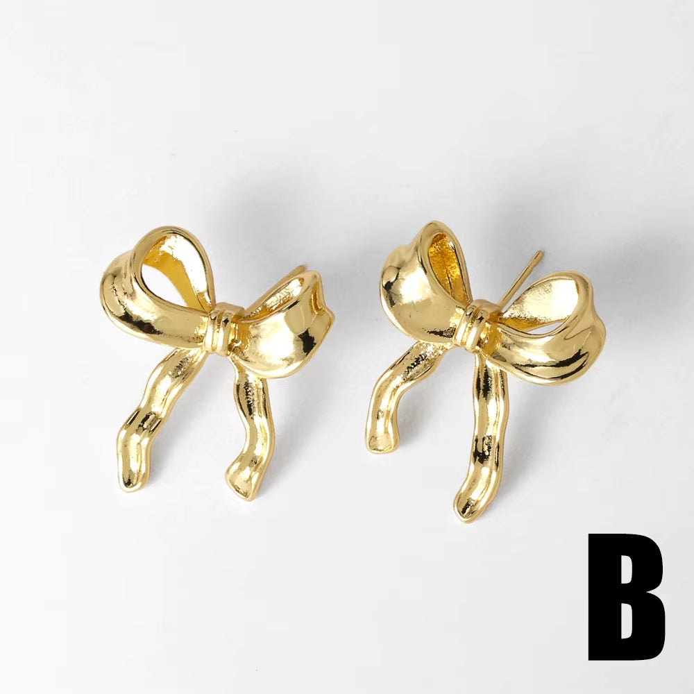 Hot Hip Hop Bow Earrings Copper Plated Gold Inset Zircon Women Daily Gentle Stud Earrings