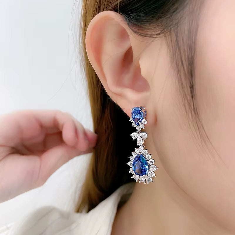 Water Drop-Shaped New Full Diamond Drop Earrings Blue Bride Luxury Zircon Earrings