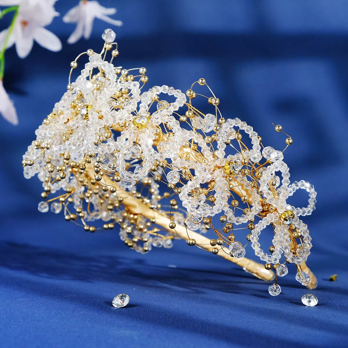 Drop Shipping Gold Color Handmade Luxury Crystal Beaded Headband Party Girls Wedding Bride Tiaras for Bridal Hairband for Party