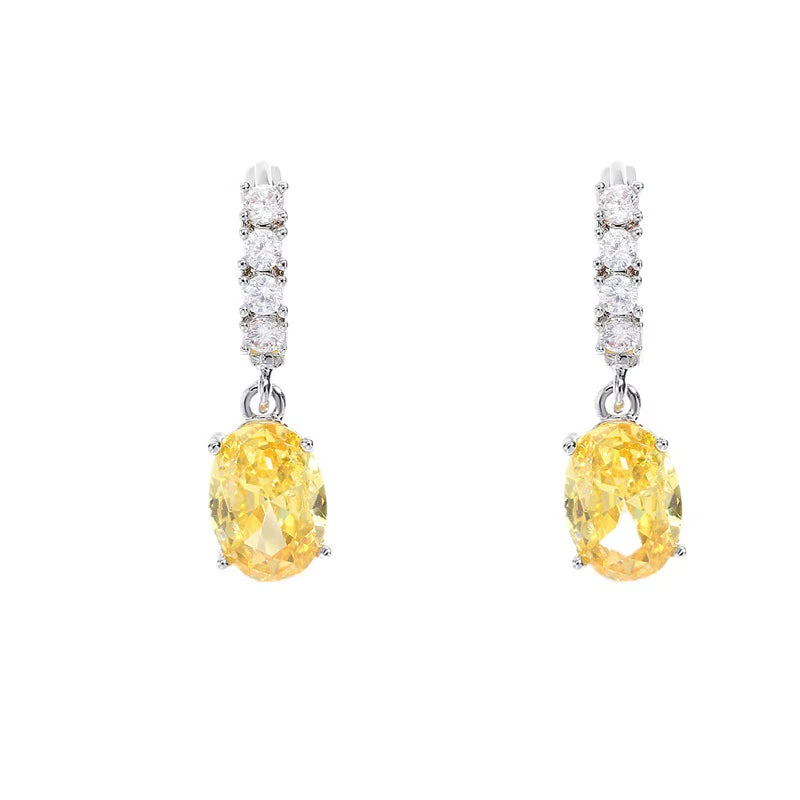 Yellow Citrine Oval Dangle Leverback Cubic Zirconia Earrings with Birthstone for Wedding