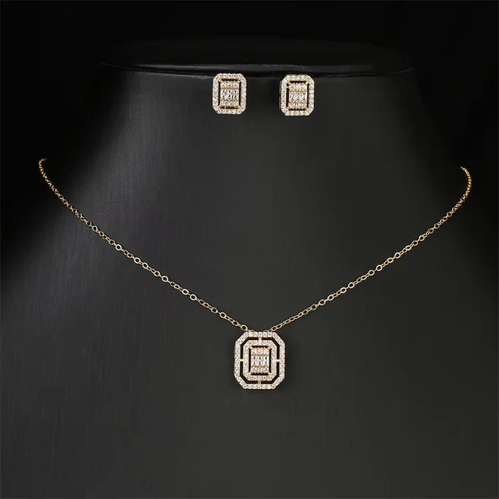 Inlaid Square Rhinestone Jewelry Set – Trendy Flash Necklace & Earrings Two-Piece Set for Women