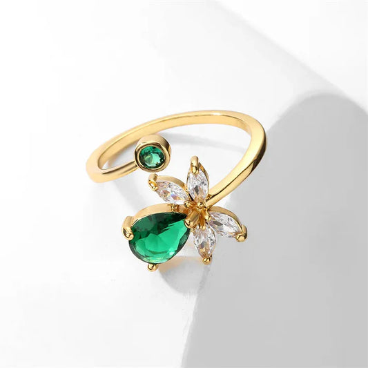 Emerald Green Zircon Adjustable Copper Ring - European Fashion Statement