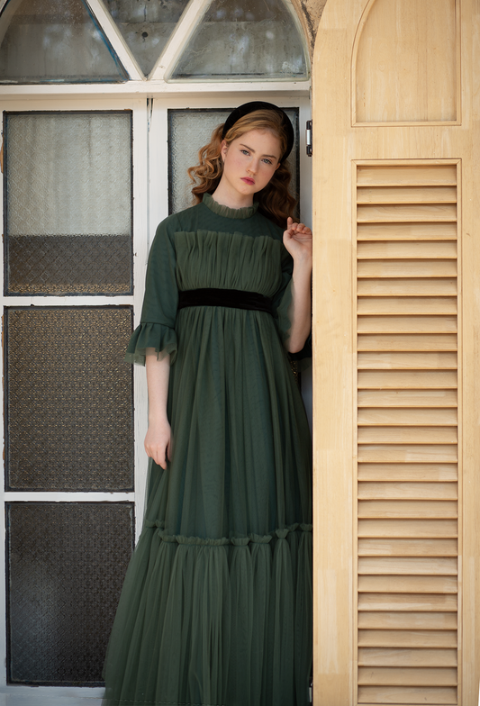 Green Ruffled gown with Black Velvet Waistline